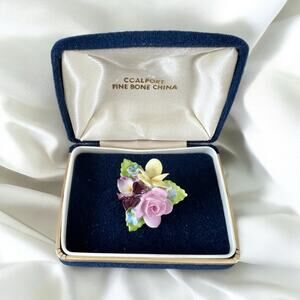 Coalport Fine Bone China Floral Brooch Pin with Box